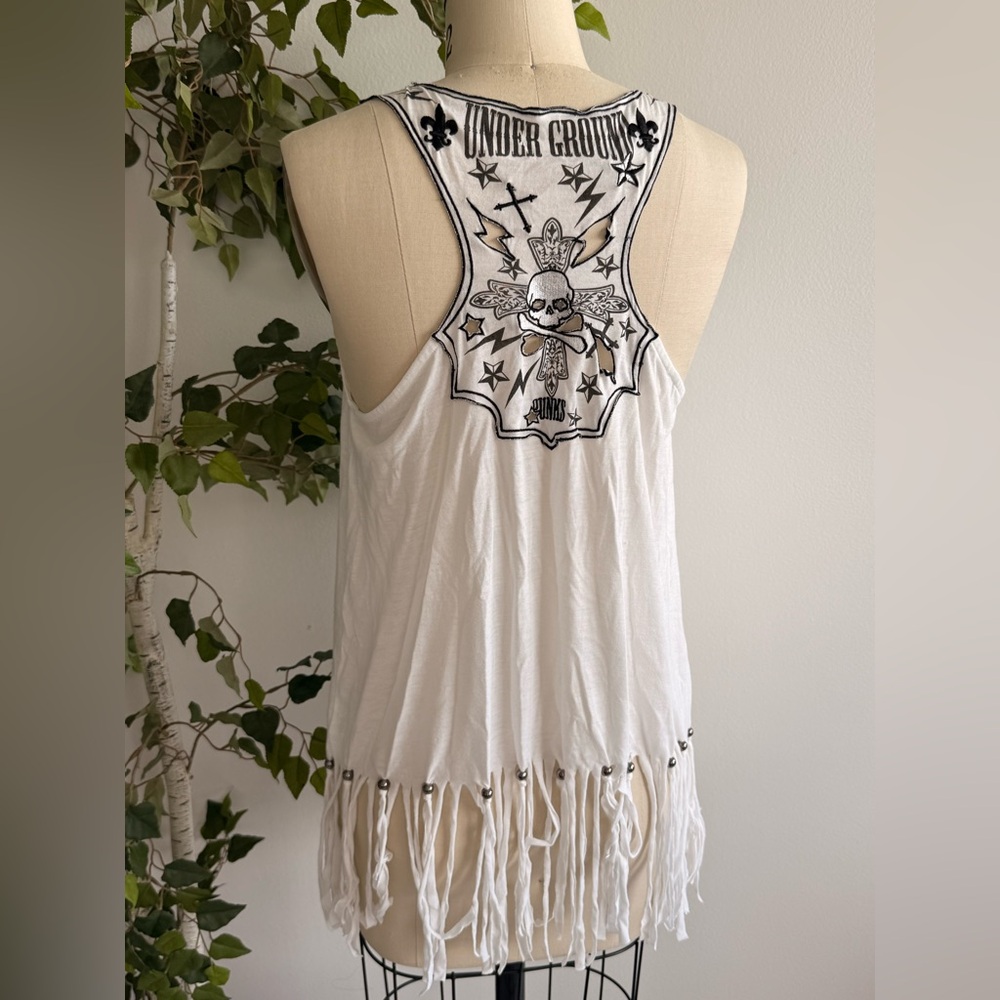 “Underground” Punk Skulls Cut-Out Fringe White/Black Tank Top